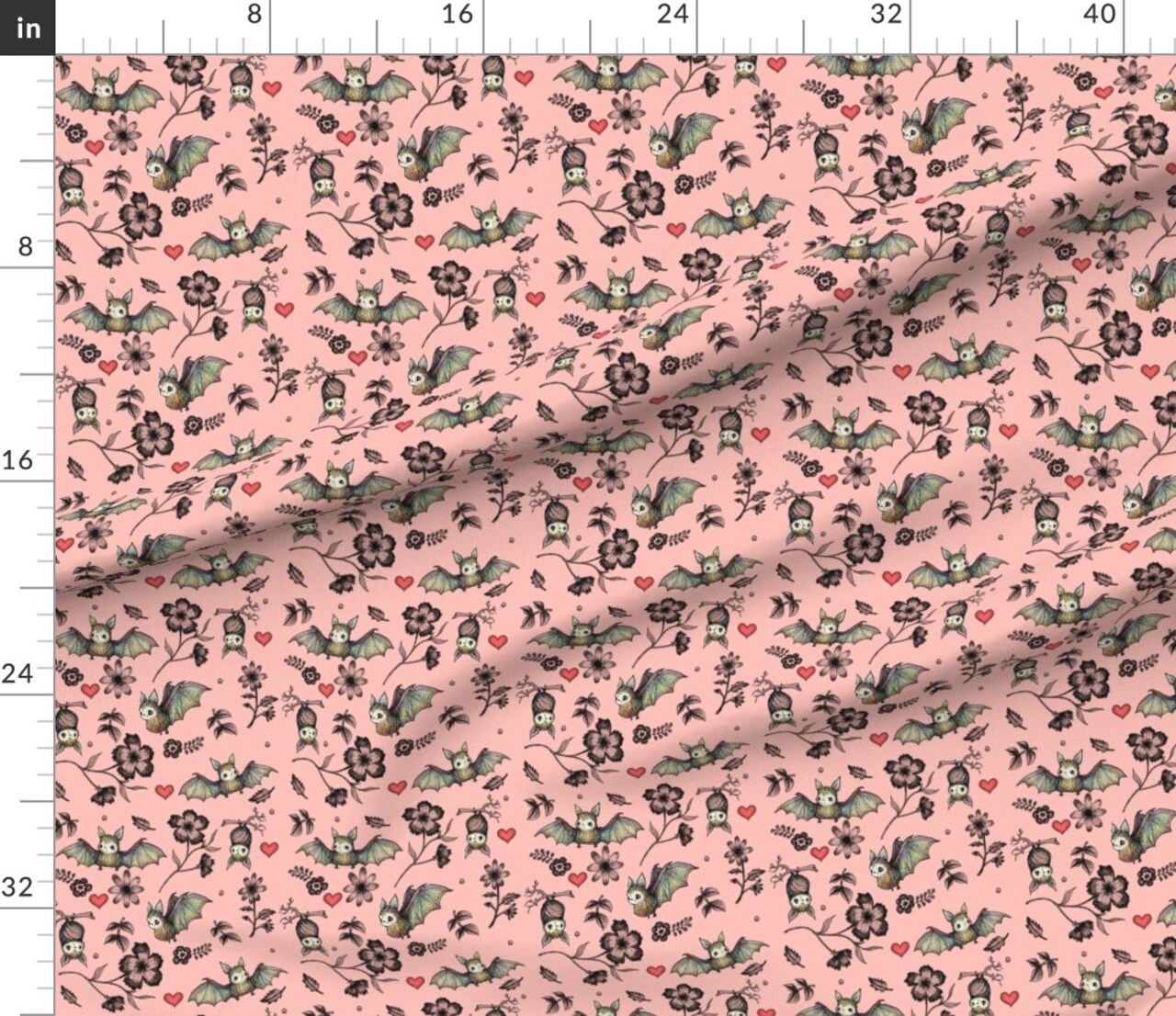 Hearts Bat Bats Flowers Halloween Wildlife Floral Pink Nature Red Background Custom Printed Fabric by Spoonflower Various Fabrics by the Yard or Fat Quarter